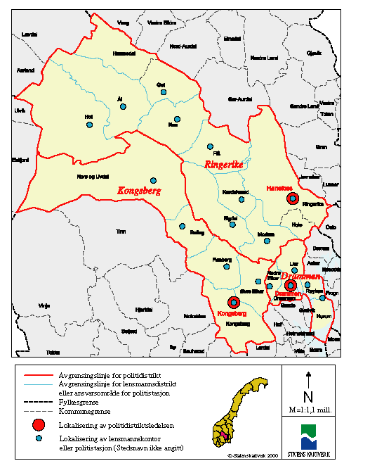 Figur 5-14 Kartutsnitt Buskerud fylke – nåværende politidistriktsinndeling