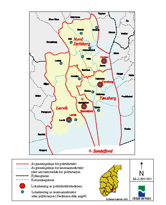 Figur 5-16 Kartutsnitt Vestfold fylke – nåværende politidistriktsinndeling