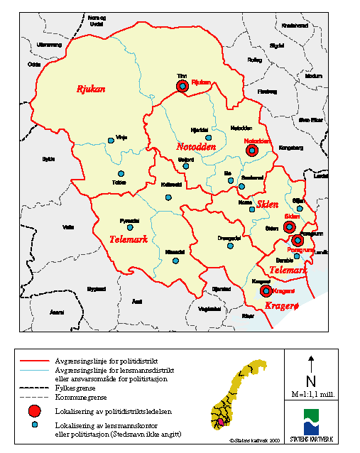 Figur 5-18 Kartutsnitt Telemark fylke – nåværende politidistriktsinndeling