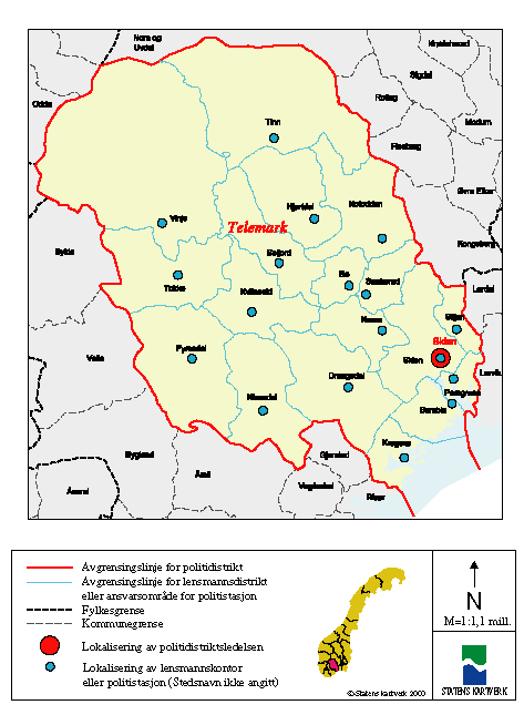 Figur 5-19 Kartutsnitt Telemark fylke - forslag til ny politidistriktsinndeling