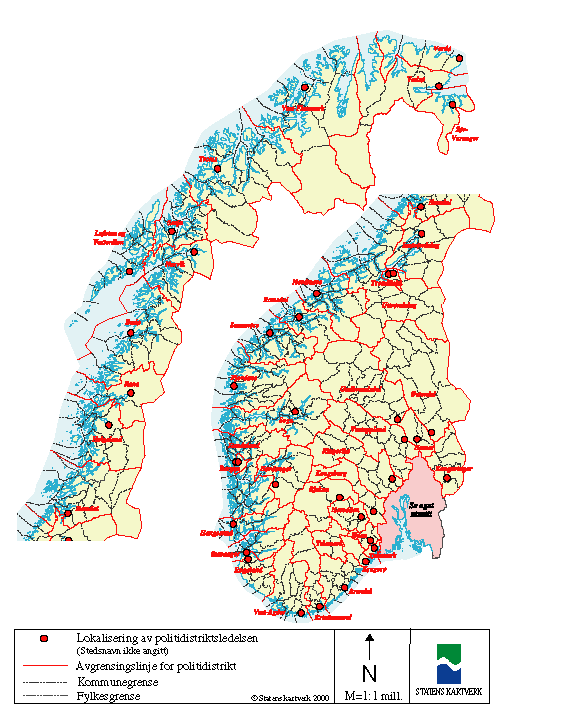 Figur 5-2 Norgeskart – nåværende politidistriktsinndeling