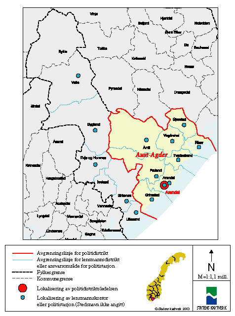 Figur 5-21 Kartutsnitt Aust-Agder fylke - forslag til ny politidistriktsinndeling