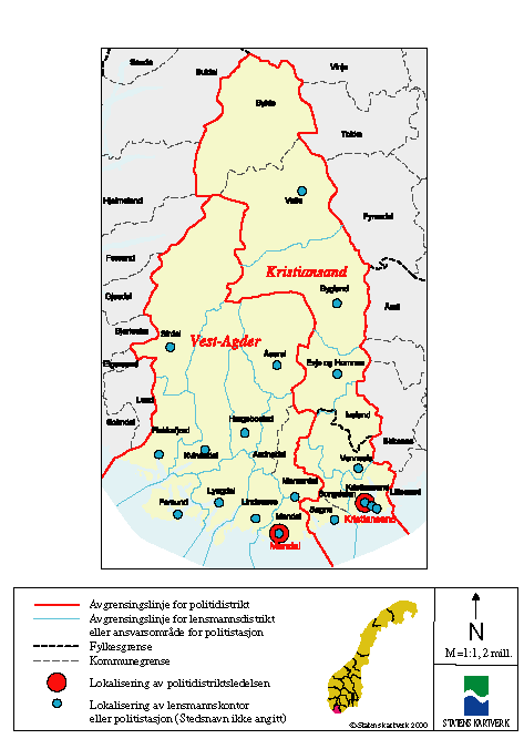 Figur 5-22 Kartutsnitt Vest-Agder fylke – nåværende politidistriktsinndeling