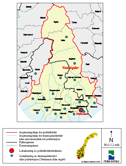 Figur 5-23 Kartutsnitt Vest-Agder fylke - forslag til ny politidistriktsinndeling