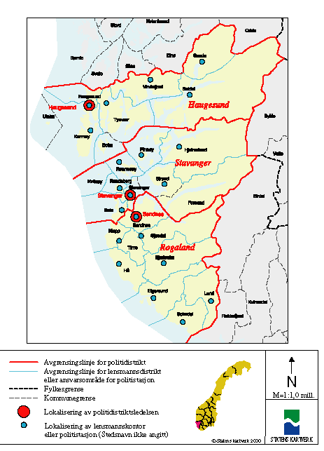 Figur 5-24 Kartutsnitt Rogaland fylke – nåværende politidistriktsinndeling