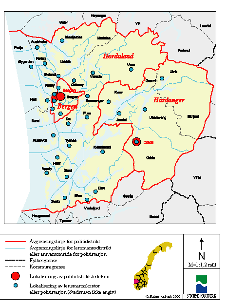 Figur 5-26 Kartutsnitt Hordaland fylke – nåværende politidistriktsinndeling