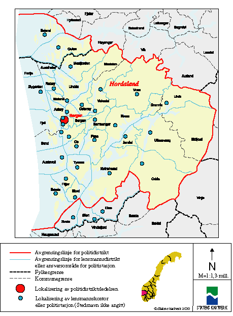 Figur 5-27 Kartutsnitt Hordaland fylke - forslag til ny politidistriktsinndeling