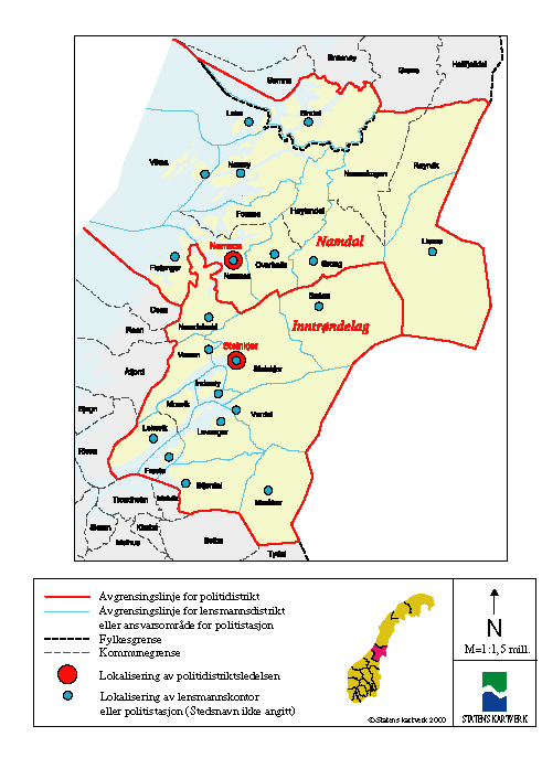Figur 5-34 Kartutsnitt Nord-Trøndelag fylke - nåværende politidistriktsinndeling