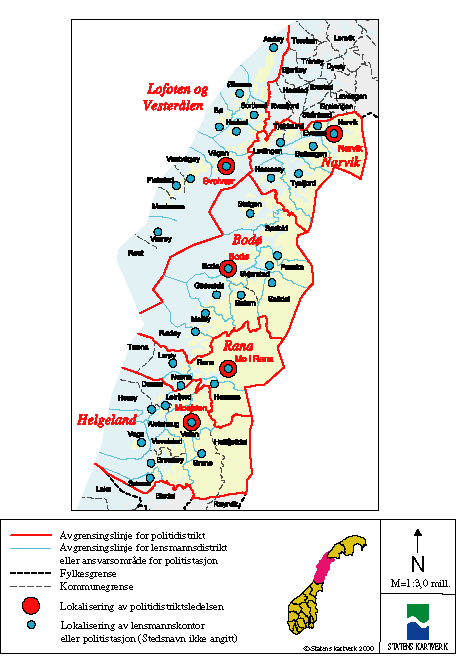 Figur 5-36 Kartutsnitt Nordland fylke – nåværende politidistriktsinndeling