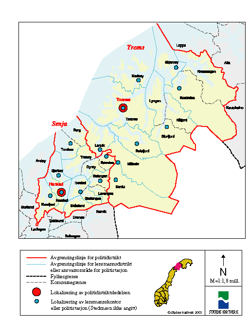 Figur 5-38 Kartutsnitt Troms fylke – nåværende politidistriktsinndeling