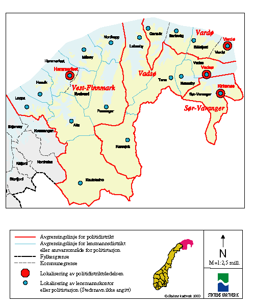 Figur 5-40 Kartutsnitt Finmark fylke – nåværende politidistriktsinndeling