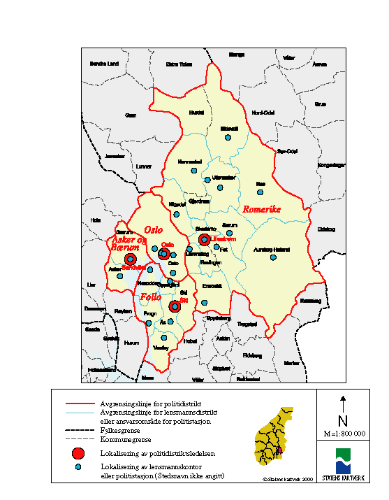 Figur 5-6 Kartutsnitt Oslo og Akershus – nåværende politidistriktsinndeling