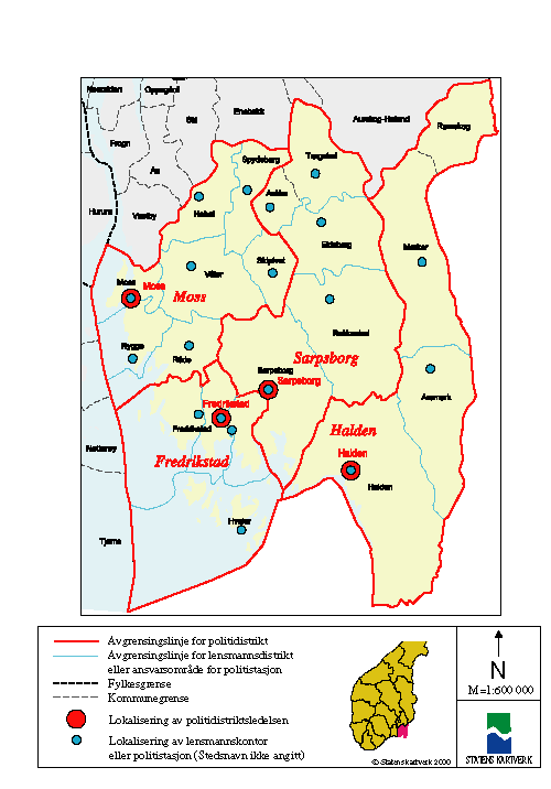 Figur 5-8 Kartutsnitt Østfold fylke – nåværende politidistriktsinndeling