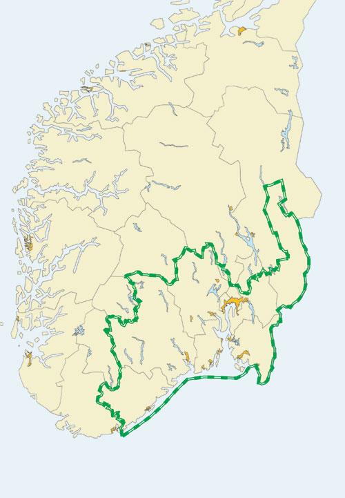 Figur 3.10 Gjeldende forvaltningsområde for ulv i Norge.