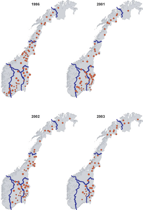 Figur 6.5 Forvaltningsregioner og familiegrupper av gaupe i Norge i 1996
 og perioden 2001–2003. Ulik størrelse på plott
 illustrerer ulik størrelse på familiegruppenes
 leveområder i forhold til tilgangen på byttedyr.