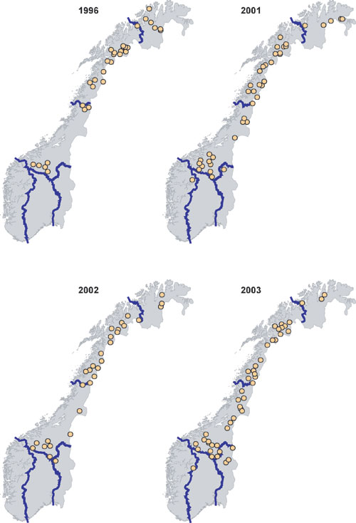 Figur 6.8 Forvaltningsregioner og ynglinger av jerv i Norge i 1996 og
 perioden 2001–2003.