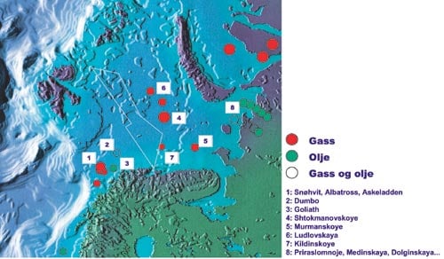 Figur 3.12 Olje- og gassfunn i Barentshavområdet