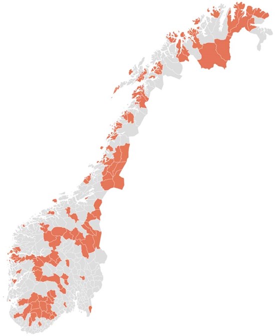 Figur: Kommuner med under 3000 innbyggere i 2020.