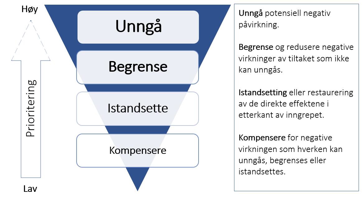 Figuren viser en hierarkisk fremstilling av hvordan man helst skal gå fram for å forebygge negative virkninger av et tiltak. Dette er det såkalte tiltakshierarkiet og er vist med en trekant som peker med spissen ned. Ved siden av trekanten vises en pil som peker opp, og som indikerer hva slags prioritering man skal tillegge de ulike fremgangsmåtene i hierarkiet. 

Nederst i trekanten, og således med lavest prioritering er kompenserende tiltak. Over der igjen er det restaurerende tiltak, så begrensende tiltak, og øverst i hierarkiet med høyest prioritet står det unngå. 

På siden av figuren utdypes hva man mener med begrepene i trekanten:

Man skal først prioritere å unngå potensiell negativ virkning. 

Dernest skal man søke å begrense og redusere negative virkninger av tiltaket som ikke kan unngås. 

Dersom man hverken kan unngå eller begrense de negative virkningene, må man forsøke å istandsette eller restaurere i etterkant av inngrepet. 

Å kompensere skal ha lavest prioritet og er derfor nederst i tiltakshierarkiet. Da skal man kompensere for negative virkninger som hverken kan unngås, begrenses eller istandsettes.