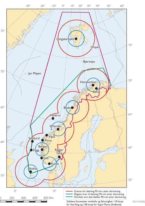 Figur  Utvalgets forslag til basemønster Alt. 2: Baser: Longyearbyen,
 Hammerfest, Bodø, Ørlandet, Bergen, Kjevik og Ekofisk