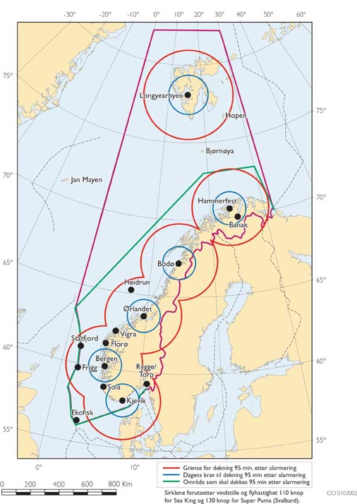 Figur  Utvalgets forslag til basemønster Alt. 3: Baser: Longyearbyen,
 Hammerfest, Bodø, Ørlandet, Bergen og Kjevik