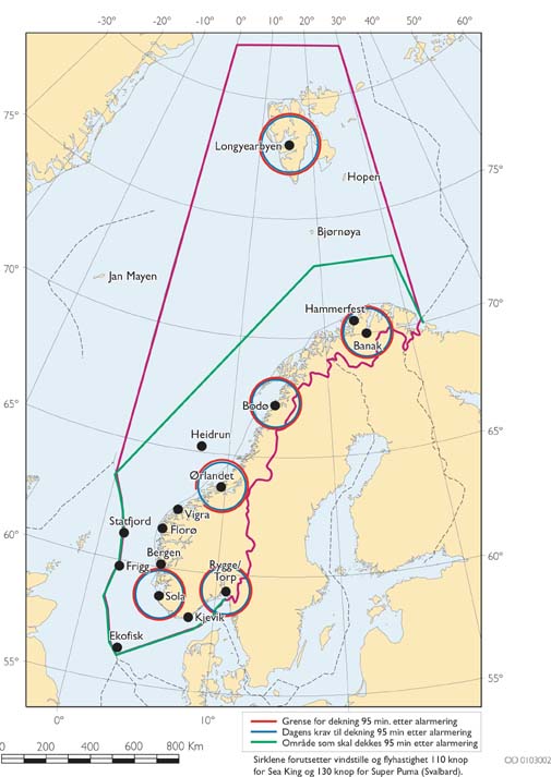 Figur  Utvalgets forslag til basemønster Alt. 4: Baser: Longyearbyen,
 Banak, Bodø, Ørlandet, Sola og Rygge/Torp