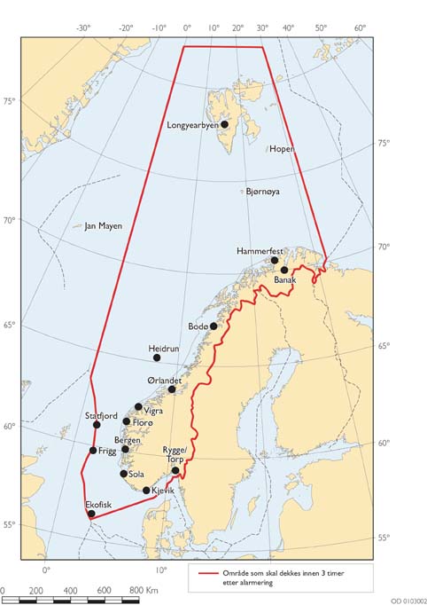 Figur  Norges redningsansvarsområde. Av utvalget foreslått å skulle
 dekkes innen 3 timer