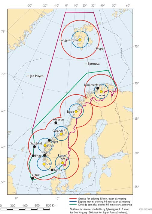 Figur  Regjeringens forslag til basemønster: Baser: Longyearbyen,
 Banak, Bodø, Ørlandet, Florø, Sola og Rygge/Torp