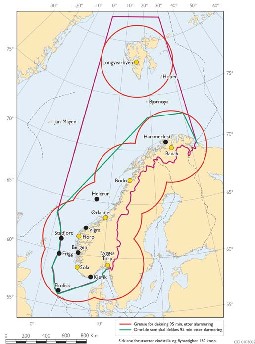 Figur  Rekkevidde med framtidige helikoptere: Baser: Longyearbyen,
 Banak, Bodø, Ørlandet, Florø, Sola og Rygge/Torp