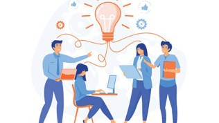 Bildet viser en illustrasjon av fem personer som samarbeider i en kreativ eller profesjonell setting