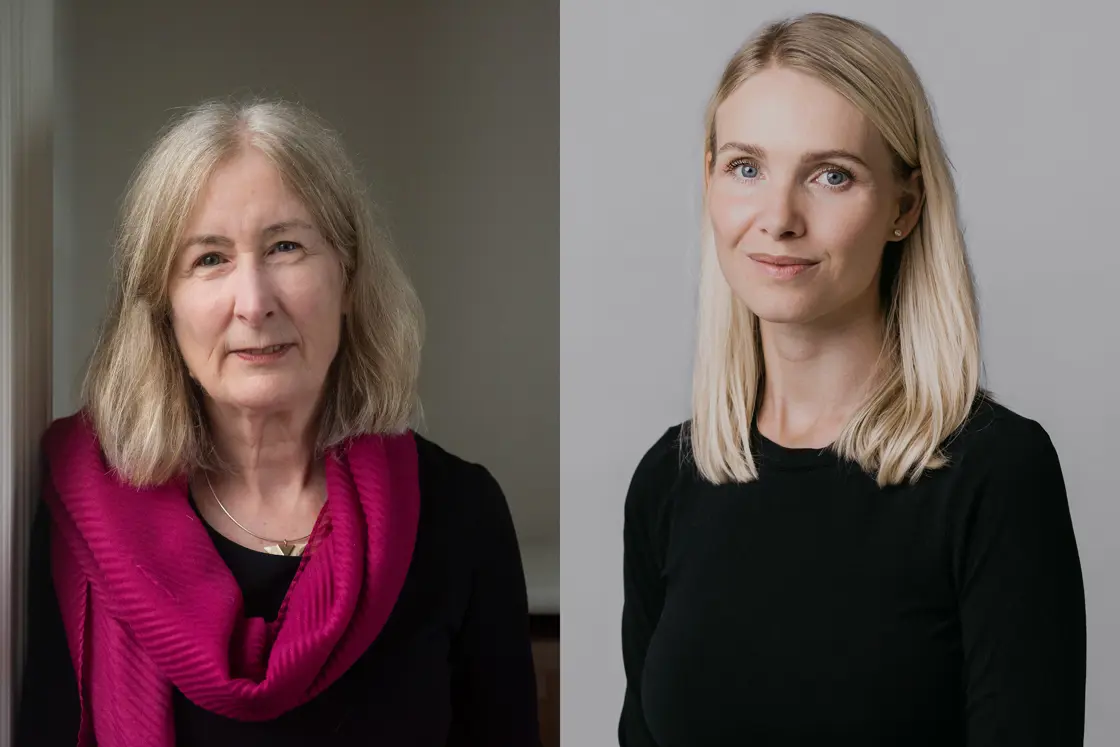 Portrett av Holbergprisvinner Lyndal Roper og Nils Klim-prisvinner Majse Lind