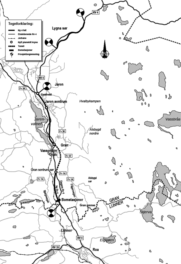 Figur 2.2 Kart over prosjektet rv 4 Lunner grense – Jaren og Lygna sør