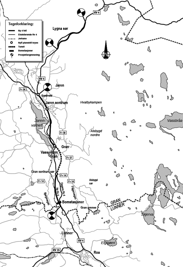Figur 2.2 Kart over prosjektet rv 4 Lunner grense – Jaren og Lygna sør