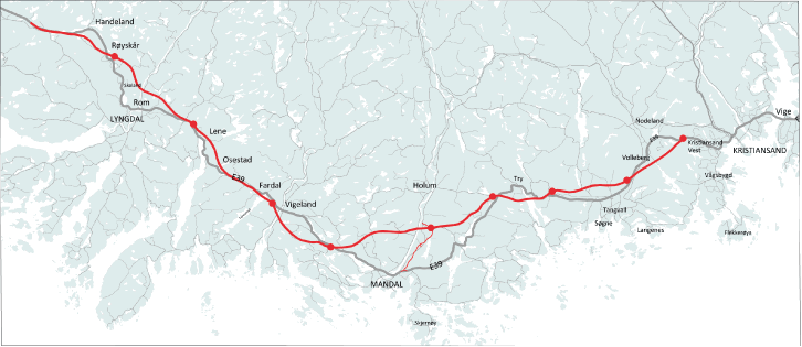 Figur 1.1 Oversiktskart E39 Kristiansand vest – Lyngdal vest