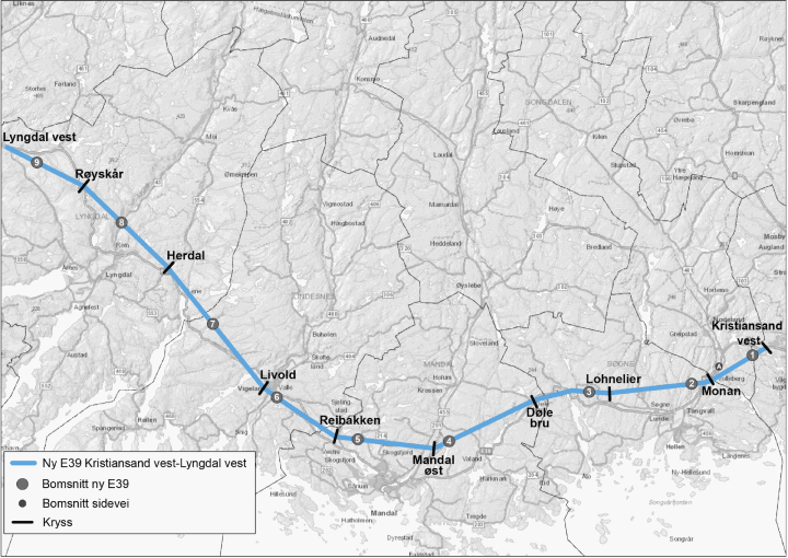 Figur 5.1 Oversiktskart E39 Kristiansand vest – Lyngdal vest
