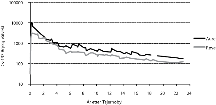 Figur 24.4 Cesium-137 i aure og røye etter Tsjernobyl- ulykken. Høysjøen, Nord-Trønderlag