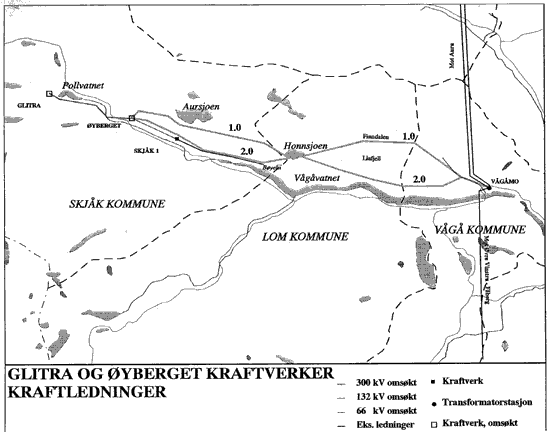 Figur 2-15 Glitra og Øyberget kraftverker - kraftledninger