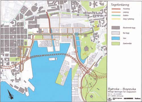Figur 2.2 Illustrasjon som viser hvordan Bjørvikaområdet
 kan se ut med de premisser Bystyret har lagt til grunn i sitt vedtak
 av 28. november 2001.