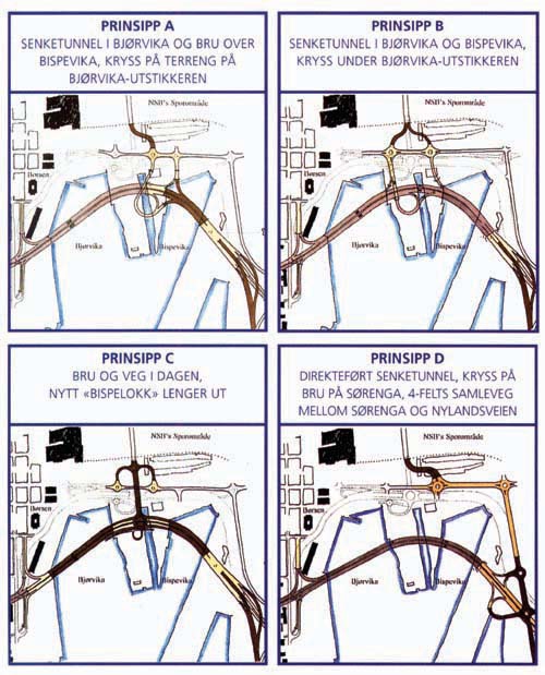 Figur 3.1 Illustrasjon av de 4 alternativene for riksveiomlegging vurdert
i melding av 1994 i henhold til plan- og bygningsloven.