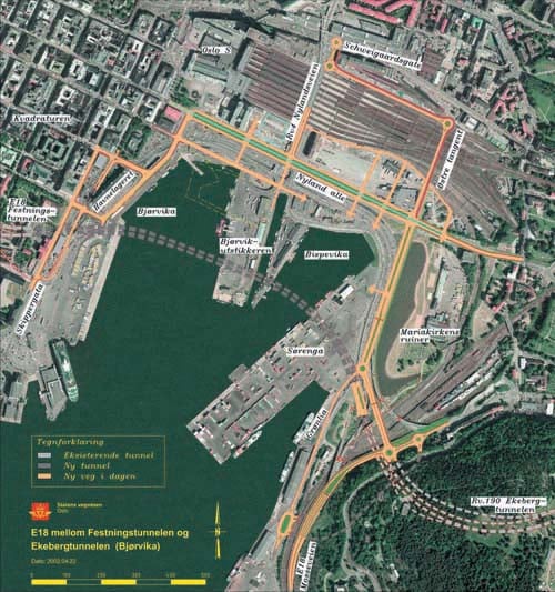 Figur 3.2 Skisse av mulig forslag til nytt veisystem i Bjørvikaområdet.