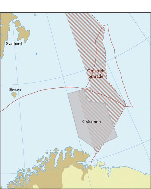 Figur 2.3 Norge og Russland drøfter avgrensningen av «omstridt
 område», mens en midlertidig avtale for fiskeriformål
 gjelder for «gråsonen»