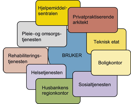 Figur 12.2 Ulike kommunale og statlige aktører i boligrådgivningen
 (i tillegg kommer håndverkere i selve utbedringsfasen)