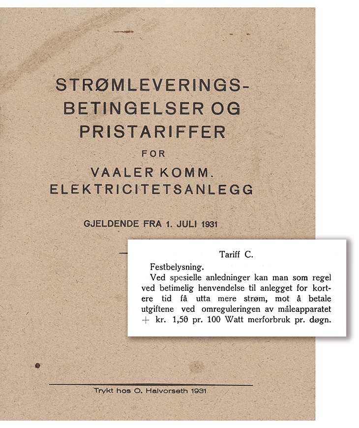 Figur 3.1 Strømleveringsbetingelser fra Vaaler kommunes electrisitetssanlegg 1931.
