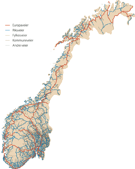 Figur 14.2 Vegkart over Norge. Veiene splitter opp de sammenhengende naturområdene i Norge.