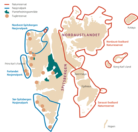 Figur 2.4 Kart over de vernede områdene på Svalbard. Områdene er vernet i medhold av Svalbardloven av 1925. Nye fredninger er planlagt våren 2001, (se kap. 11.5).