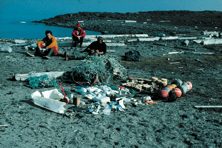 Figur 6.3 Forsøpling av strender er i dag et alvorlig miljøproblem på Svalbard. Bildet viser mengden søppel, deler av fiskeredskap og husholdningsavfall fra båter, innsamlet på en 100 m lang strand på Tusenøyane. Avfallet kommer fra mange land, men mest fra No...