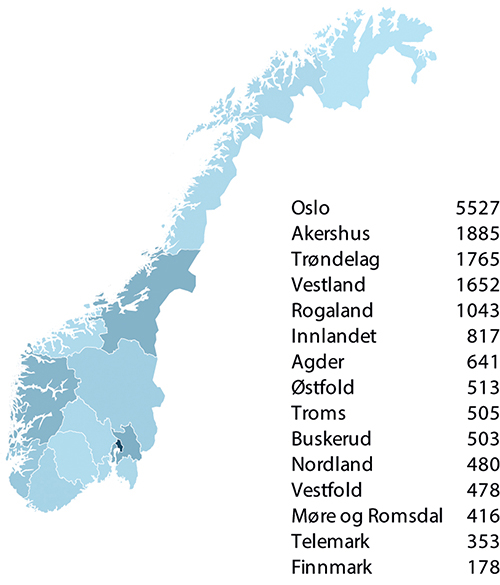 Figur 10.15 Musikere og komponister, fylkesvis fordeling 2024