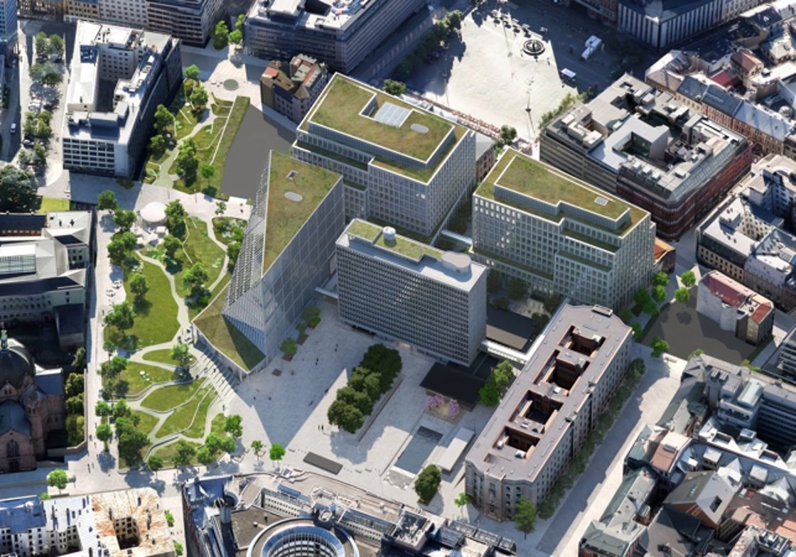 Bildet viser en illustrasjon over nytt regjeringskvartal sett ovenfra.