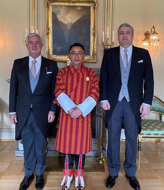 From left: Ambassador of Portugal, H.E. Mr Pedro Pessoa e Costa; Ambassador of Bhutan, H.E. Mr Tenzin Rondel Wangchuk; Ambassador of Azerbaijan, H.E Mr Zaur Ahmadov. Credit: Tonje Røed, MFA