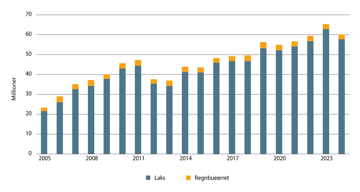Figur 3.10 Antall dødfisk, i millioner, av oppdrettet laks og regnbueørret innrapportert til Fiskeridirektoratet for perioden 2005–2024.